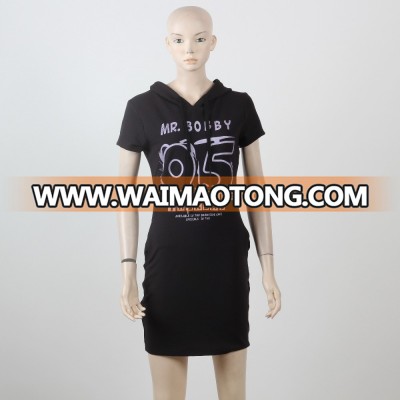 Short sleeve hoodie dress with print black color casual dress sports wear guangzhou women clothes