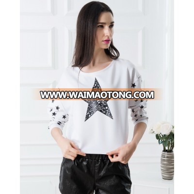 F5S10121 Women 2016 Spring Star Design Long Sleeve Printing T-Shirt