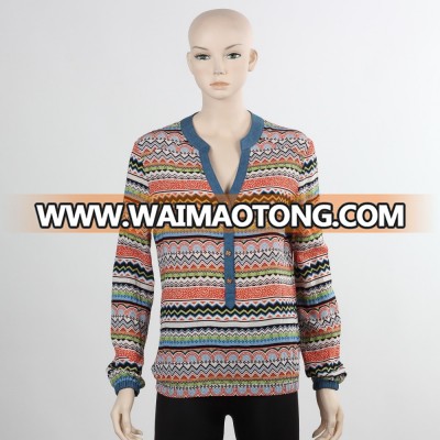 F5W11003 Contrast Collar Long Sleeve Aztec Print Shirts For Ladies